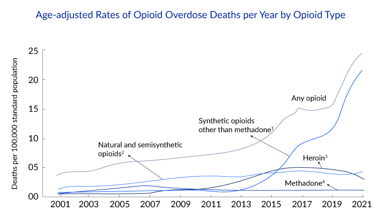 Age adjusted Rates of Opioid Overdose Deaths per Year by Opioid Type